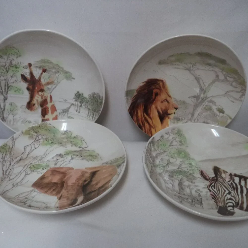 Pier 1 Africa Vtg Hand Painted Earthenware Bowl Set 4 Italy Elephant Lion Zebra